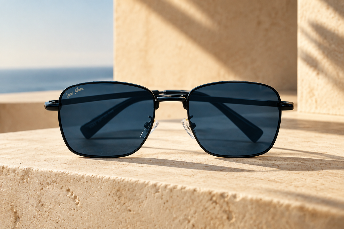 Selqorin sunglasses in a sunlit editorial hero image