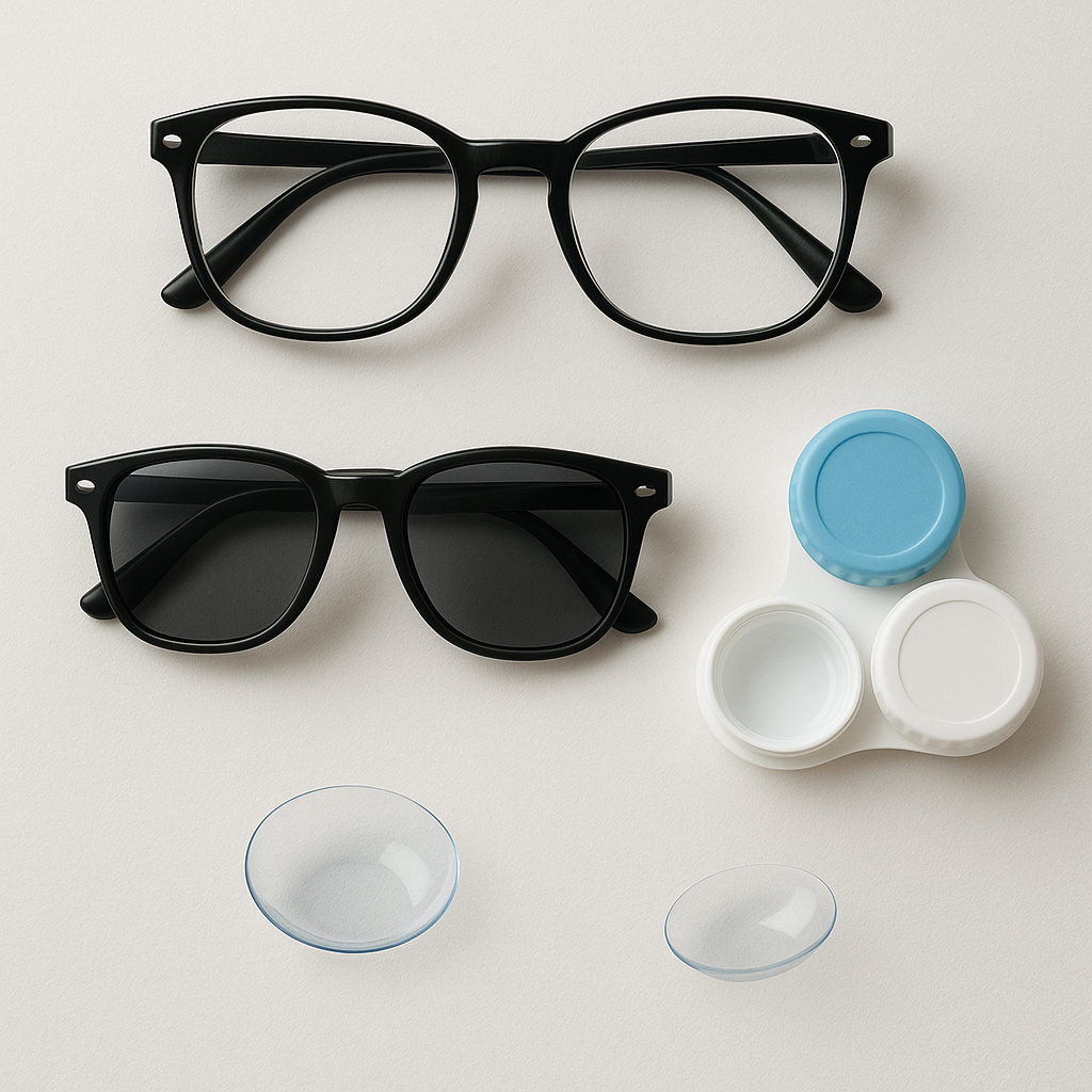 glasses, sunglasses, and contact lenses
